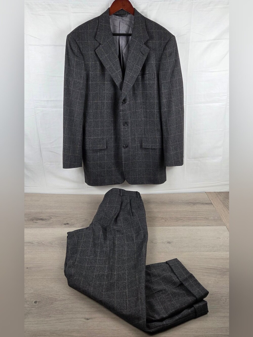 Vtg Brooks Brothers Super 100s Wool Plaid Suit Mens 42 L Grey 3 Button Front USA